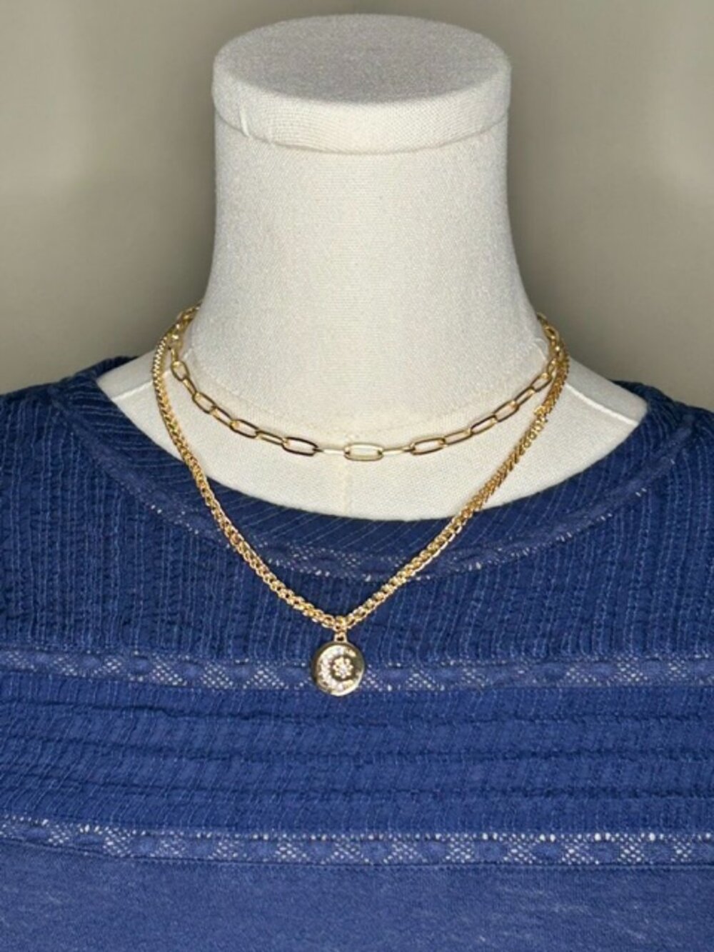 18" Gold Tone Layered Chain Crescent Rhinestone Pendant Necklace NWOT